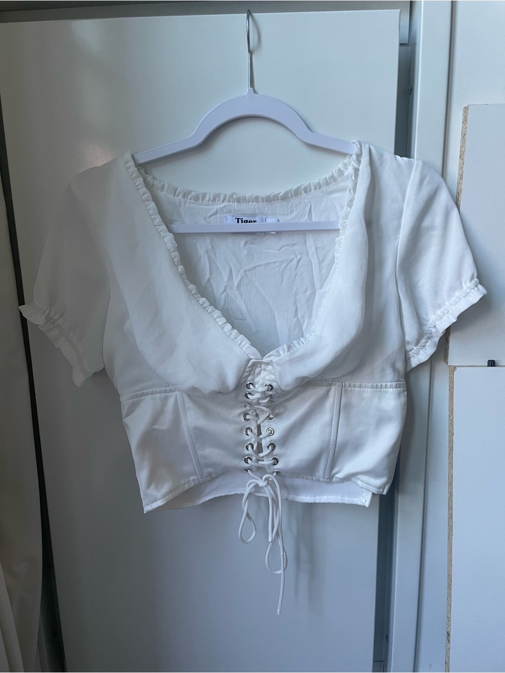 Motel Rocks White Lace-Up Corset Top with Puff Sleeves